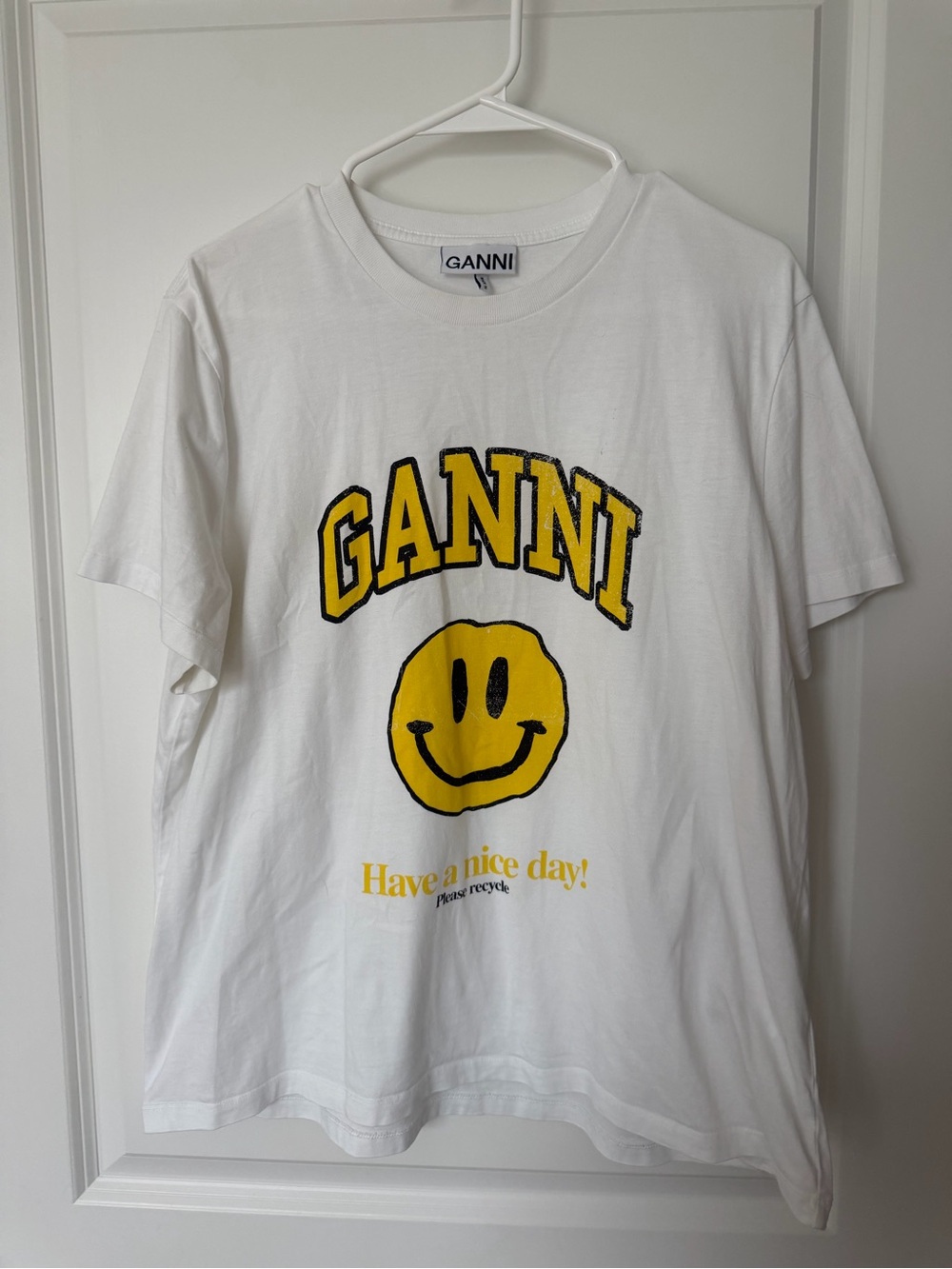 Ganni White Tee with Yellow Smiley and Black Outline